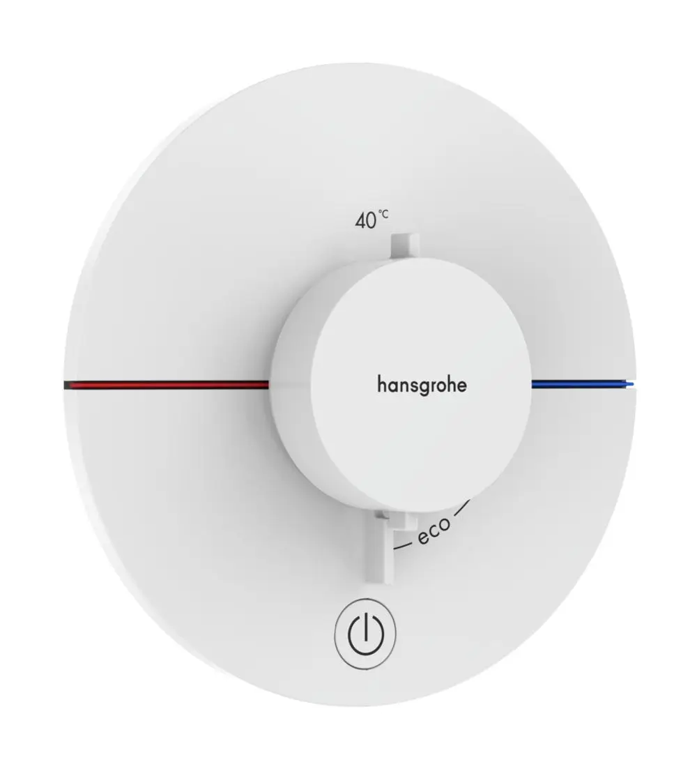 Thermostatsteuerung in Mattweiß von Hansgrohe mit einem Drehknopf zur Temperatureinstellung und einem Schalter für die Eco-Funktion, an einer runden Wandmontage.